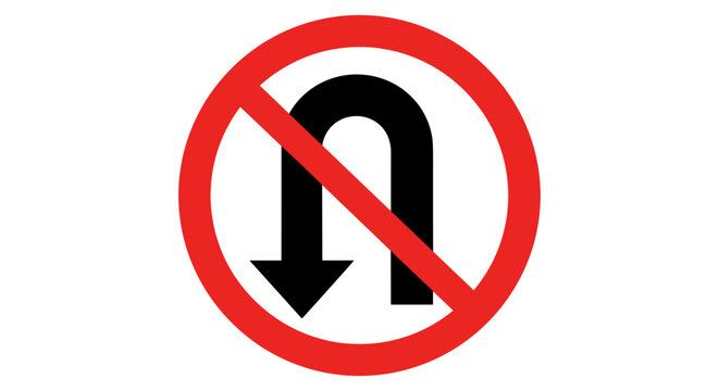 Red circular prohibition sign with a black u turn symbol and a diagonal red line indicating no u turns allowed