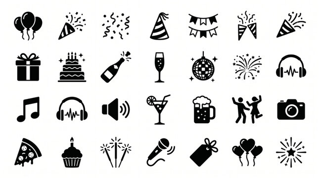 Party celebration icon set black and white flat pictogram isolated on white background