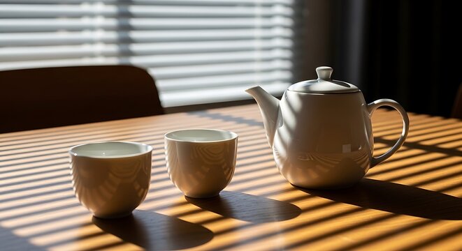 Serene Tea Set on Wooden Table with Sunlight Shadows