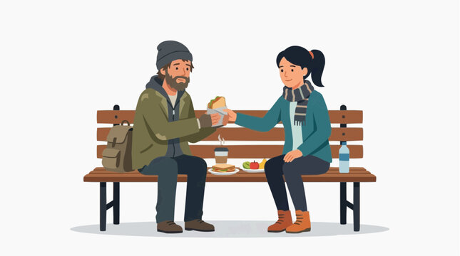An act of compassion unfolded as a woman selflessly offers food to a man seated on a bench. The scene exudes warmth and empathy, revealing a moment of human connection and care.