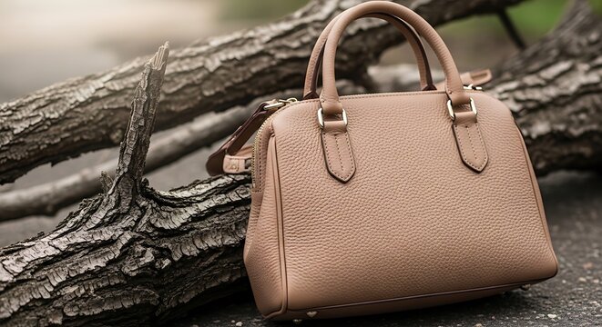 Elegant Beige Leather Handbag on Weathered Tree Branch