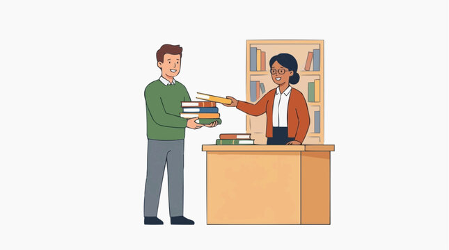 Illustration of a library scene: A person receives books from another person at the library desk, conveying the essence of knowledge and learning.