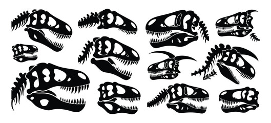 Fossil Dinosaur Silhouette Set with Dino Skull and Teeth, Bone Skeleton Print Graphics of Diplodocus, Velociraptor, Stegosaurus, Triceratops, Allosaurus, Parasaurolophus, and Tyrannosaurus © LEECOO