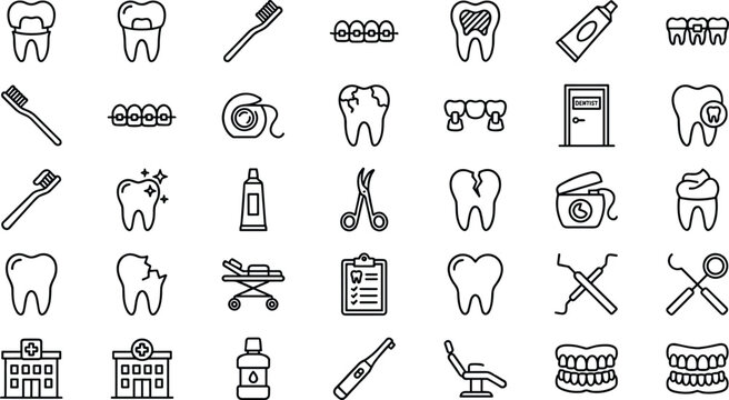 Dental and Oral Care Icon Set with Teeth, Toothbrush, Toothpaste, Floss, Dental Tools, Clinic, and Orthodontic Illustrations for Vector Projects