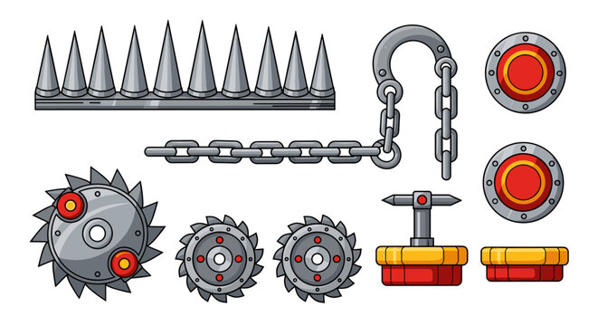 Collection of dangerous industrial elements spiked barricade chains saw blades and explosive detonators for game design
