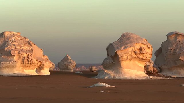 Panorama of white limestone rock formations in Sahara desert at golden sunset light