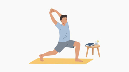 Obraz premium A man in athletic wear practices yoga indoors on a mat with book and water bottle, a vibrant illustration perfect for wellness content.