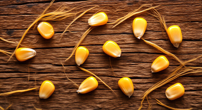 Closeup view of dried corn kernels with husk fibers arranged on rustic wooden surface
