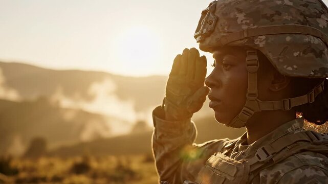 Close-up of a courageous Black female soldier in camouflage uniform and helmet saluting against a dramatic sunset landscape with smoke in the background.