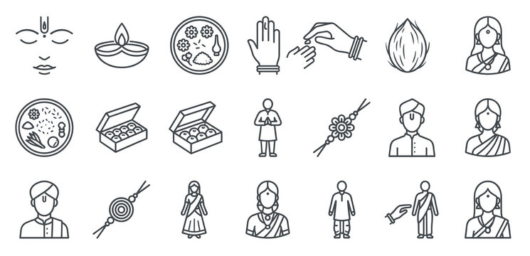 Indian Traditional Festival Outline Icon Vector Collection Featuring Puja Thali, Diya, Rakhi, Namaste People, and Sacred Tilak Rituals.