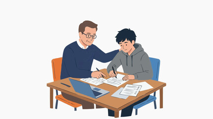 Fototapeta premium A caring tutor guiding a student through homework, promoting learning and understanding. Focus on education and academic support, fostering growth.