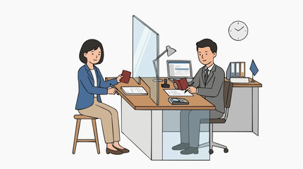Fototapeta premium A detailed illustration of a travel-related scene, where an officer is stamping a document for the traveler. Capturing the process of customs and the exchange of a passport.
