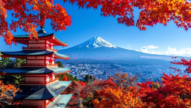 秋の彩り - 紅葉に包まれる五重塔と富士山の絶景
Autumn Splendor - Chureito Pagoda with Mt. Fuji and Vibrant Maple Leaves