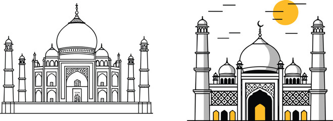 Taj Mahal illustration set with line art and minimal flat style architecture for travel, landmark, India tourism, and cultural heritage vector design © Rashidul