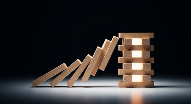 Wooden dominoes falling in a chain reaction against a dark background, representing consequences and instability