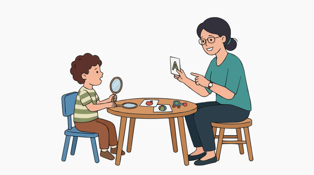 A child and his teacher are studying together, the girl teaches boy with cards on a desk. Illustration capturing learning and education.