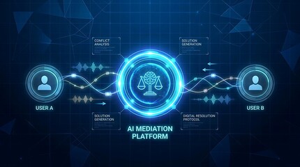 Obraz premium AI Mediation Platform Visualizes Digital Conflict Resolution Between Users With Conflict Analysis and Solution Generation, Featuring Scales of Justice and Brain Icon