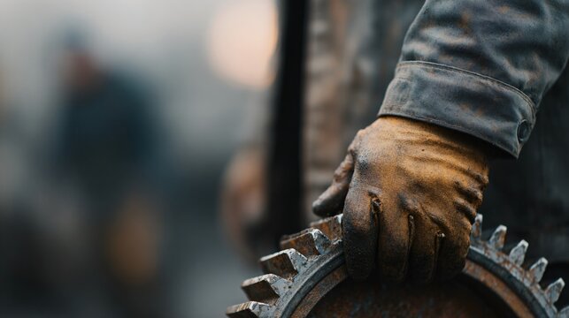Industrial worker with oil-stained hands holding gear in gritty factory environment