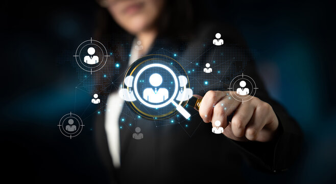 Concept of global talent acquisition and human resources. The process of headhunting and searching for qualified candidates worldwide to build a professional corporate workforce. Fermion