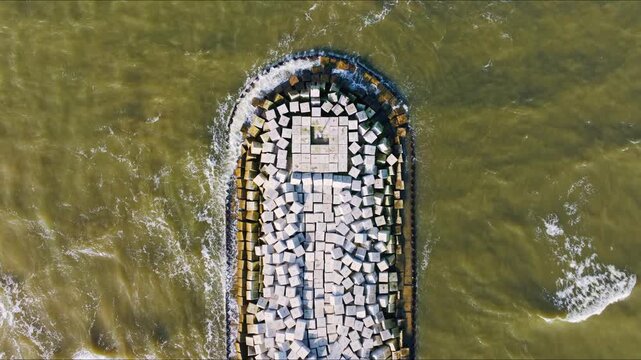 Top view reveals geometric breakwater pattern resisting waves, Liepaja, Baltics