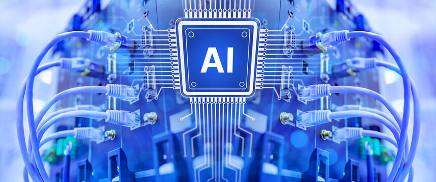 AI processor connects data cables inside server network infrastructure.
