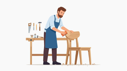 Fototapeta premium A dedicated craftsman meticulously refines wooden furniture, exemplifying precision and skill in his workshop.