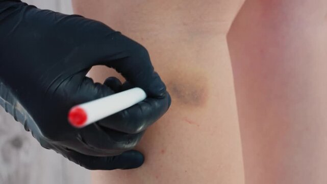 Doctor in medical gloves paint lines around bruise on her leg. Close up of stain bruise wound on leg. Healing injury hematoma blood consequences of sport activity trauma. Extravasation blue purple