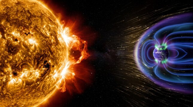 Scientific Diagram of Earth's Magnetosphere Shielding the Planet from Solar Wind and Sun Flares, Astronomy Concept