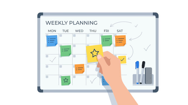 Weekly Planning Board With Sticky Notes And Hand.