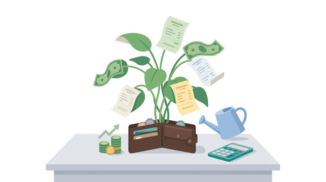 Money Tree Plant With Currency Leaves On Desk.