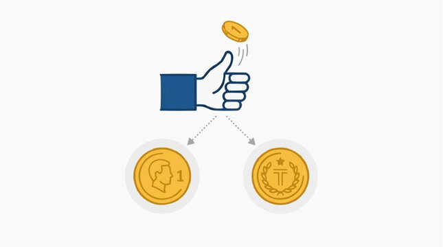 An illustrative representation shows a thumb flipping a coin to symbolize decision-making and choice, with two potential outcomes displayed below, highlighting concepts such as risk, chance.