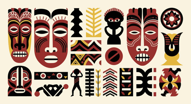Collection of African tribal masks and cultural symbols.