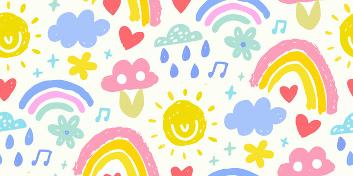 playful hand drawn pattern with rainbows clouds and suns