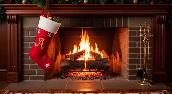 Christmas stocking hanging by fireplace indoors.