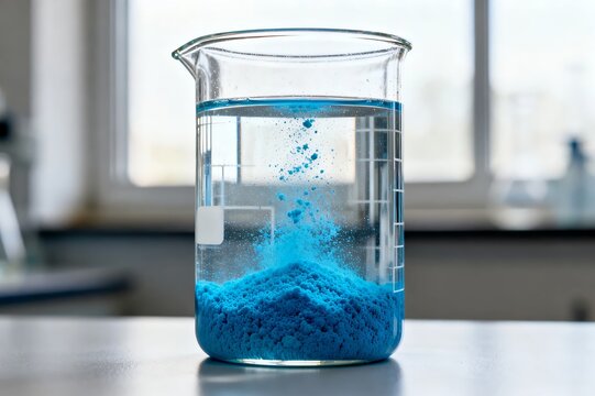 Vertical Macro of Bright Blue Basic Copper Carbonate Precipitate Settling in a Glass Beaker with Clear Water
