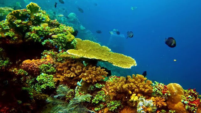 A large flat table coral crowns a lush reef slope packed with colorful corals and circling reef fish.