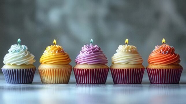 Three frosted cupcakes with lit candles, a sweet treat perfect for any celebration or party occasion.