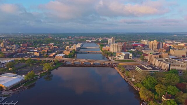 Aerial Sunrise View of Rockford Bridges Over Rock River Illinois