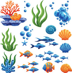 Obraz premium Underwater Life Collection with Colorful Fish, Coral Reefs, and Sea Shells Vector Illustration