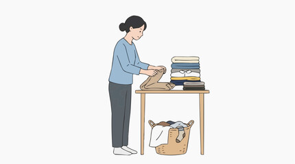 Fototapeta premium A woman engaged in the domestic chore of folding clean clothes neatly, representing a serene moment of daily life.