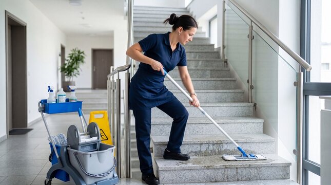 A professional cleaner mops a wet stair landing beside a cleaning cart in a bright modern office or apartment building.