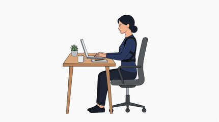 Fototapeta premium An individual demonstrates ideal posture at work, seated at a desk, typing on a laptop, a scene demonstrating proper ergonomics and promoting healthy work habits.