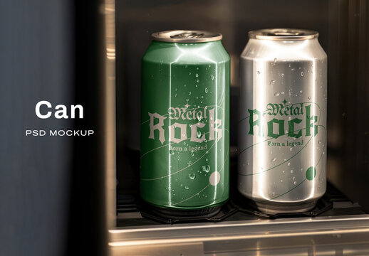 Metallic Beverage Cans Mockup with Condensation PSD