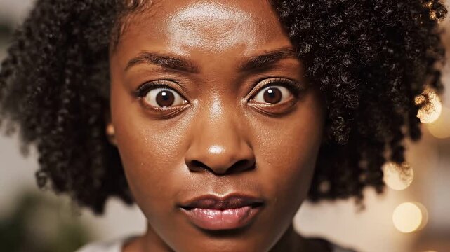 Surprised African American woman with wide eyes, shocked young black female face looking at camera, amazed lady with curly hair and stunned expression