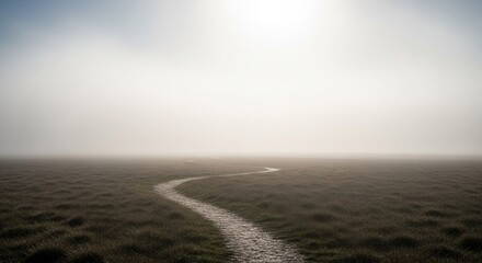Naklejka premium A winding cobblestone path disappears into a dense, ethereal fog across a vast, grassy field, evoking a sense of mystery and the unknown journey ahead.