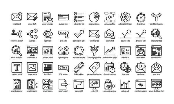 Collection of black and white line for email marketing and analytics