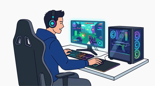 A gamer engrossed in his gameplay, focused on his screen. The gaming setup complete with pc, headphones and game graphics brings to life the passion of online competition.
