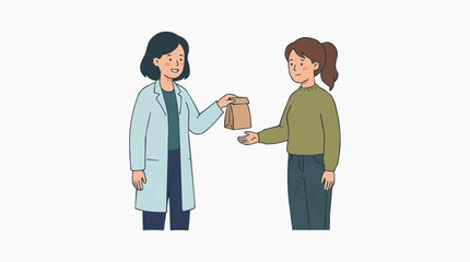 Fototapeta premium A healthcare provider offers a prescription bag to a patient, symbolizing medical care and wellness in a minimalist style.