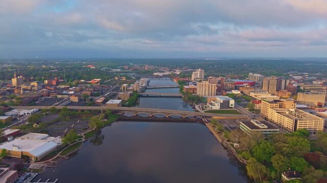 Aerial Sunrise View of Rockford Bridges Over Rock River Illinois