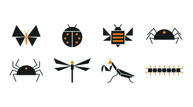 Insects and Bugs Flat Icons, Garden Miniature Animals, Butterfly, Ladybug, Bee, Spider, Mantis, Dragonfly, Centipede, Geometric Nature Vector Symbols a